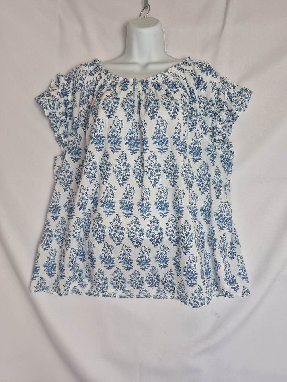 St. John's Bay White and Blue Floral Peasant Top